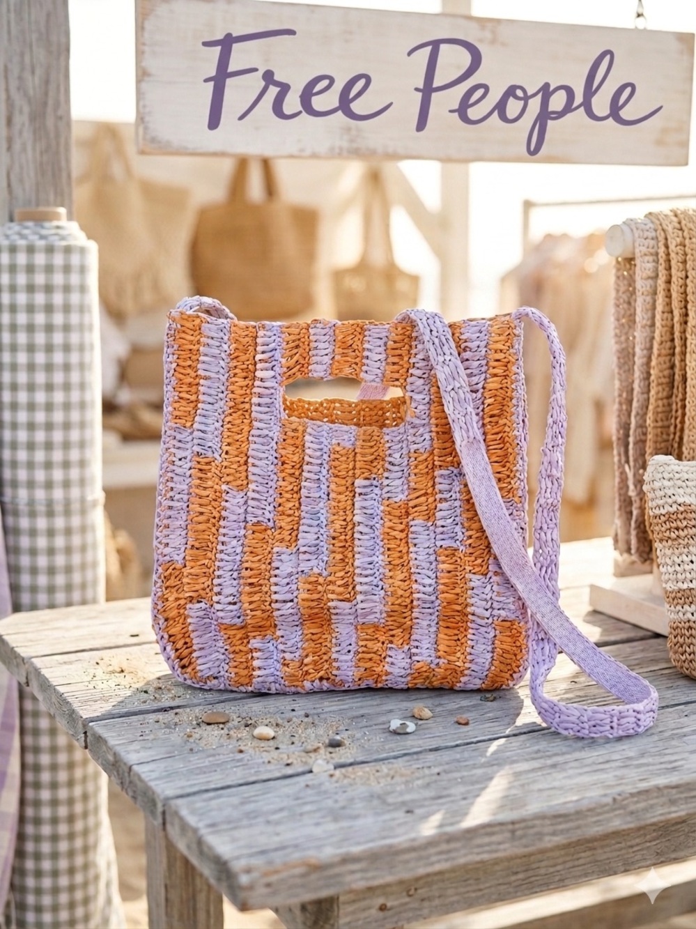 Free People Woven Raffia Geometric Crossbody Bag - Lilac & Tan